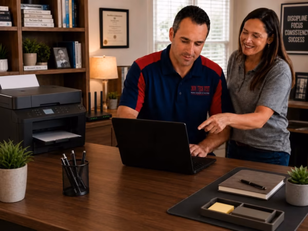 Indy Tech Visit technician helping a Carmel customer with laptop and printer setup at home