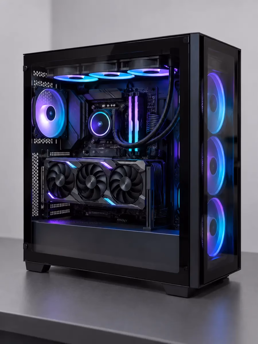 Completed custom gaming PC with RGB lighting assembled by Indy Laptops