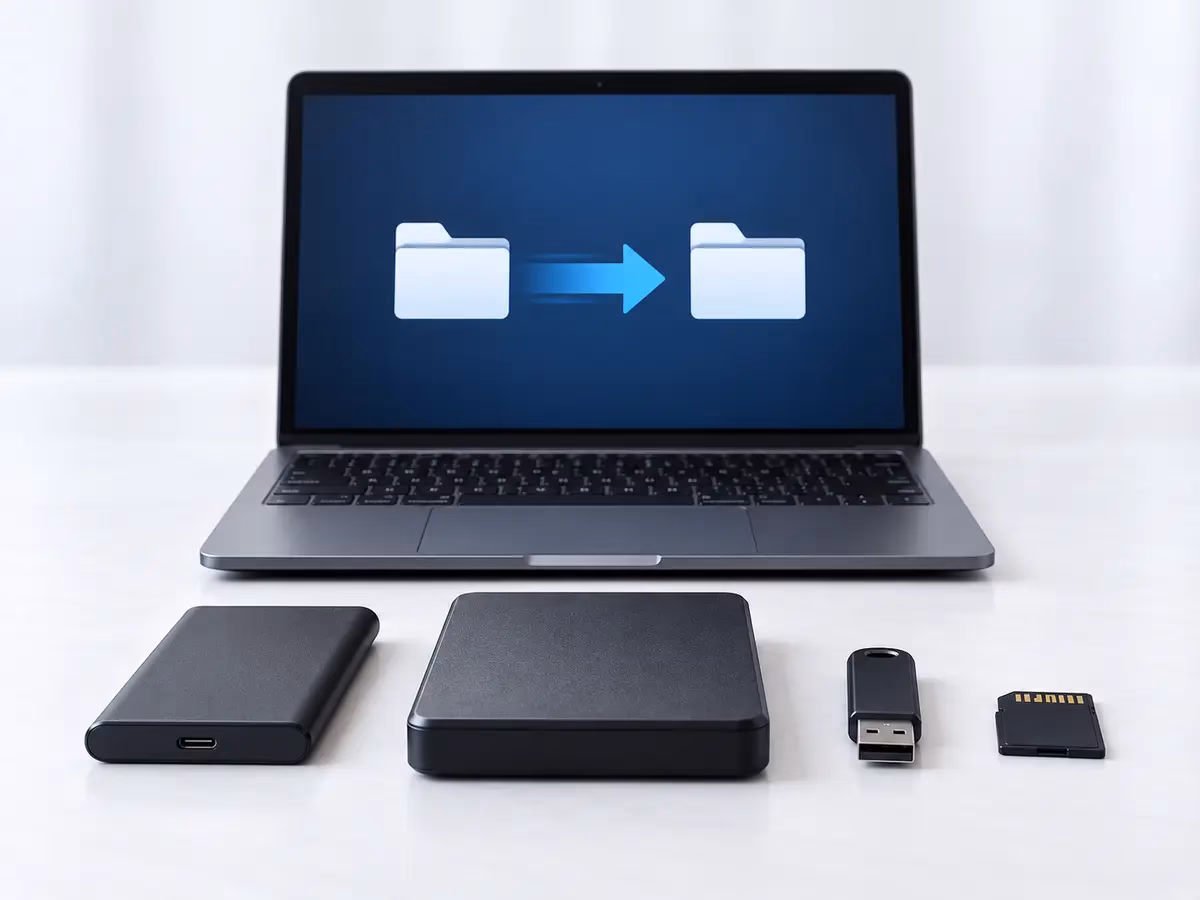 External drives, a USB flash drive, and an SD card beside a laptop showing files transferring between folders.