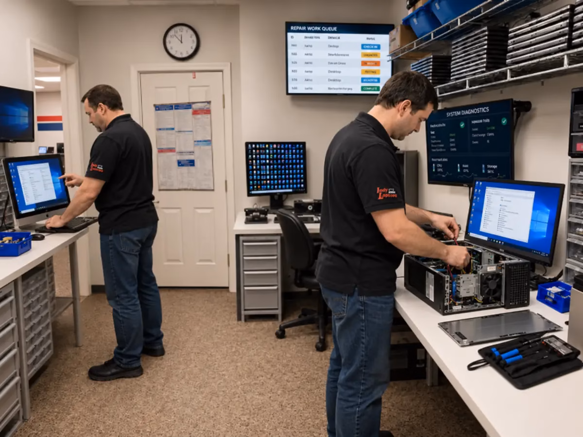 Techs at bench repairing desktop PCs and an all-in-one computer