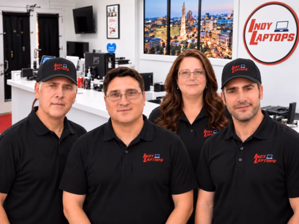 Indy Laptops team members in black polos inside their Indianapolis computer repair shop
