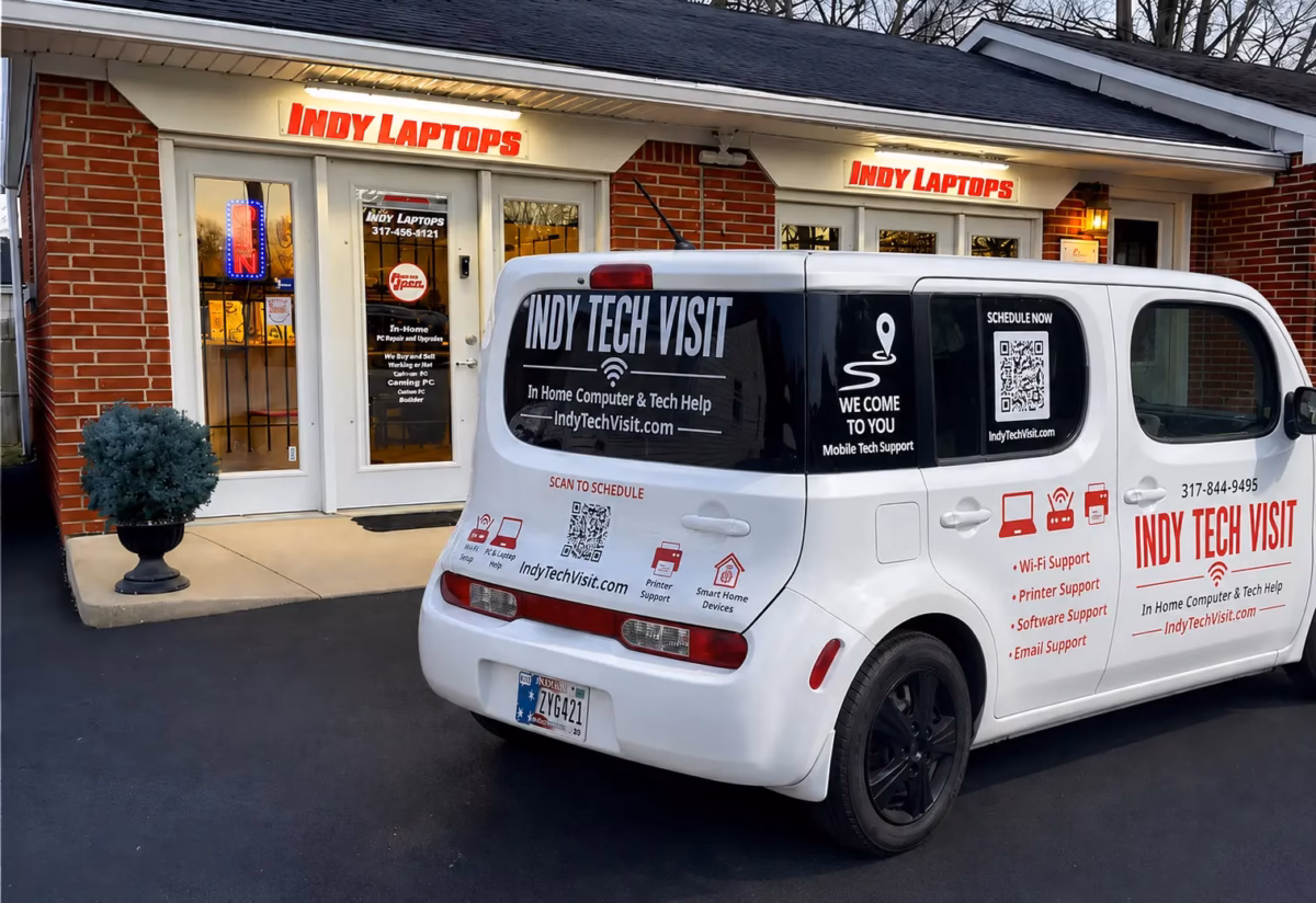 Indy Laptops storefront and service van in Indianapolis