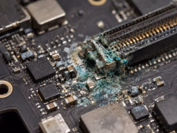 Close-up of corrosion and mineral residue on a liquid-damaged laptop motherboard.
