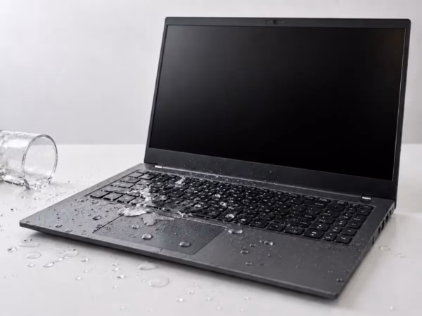 Tipped glass beside a Windows laptop with a small water spill across the keyboard.
