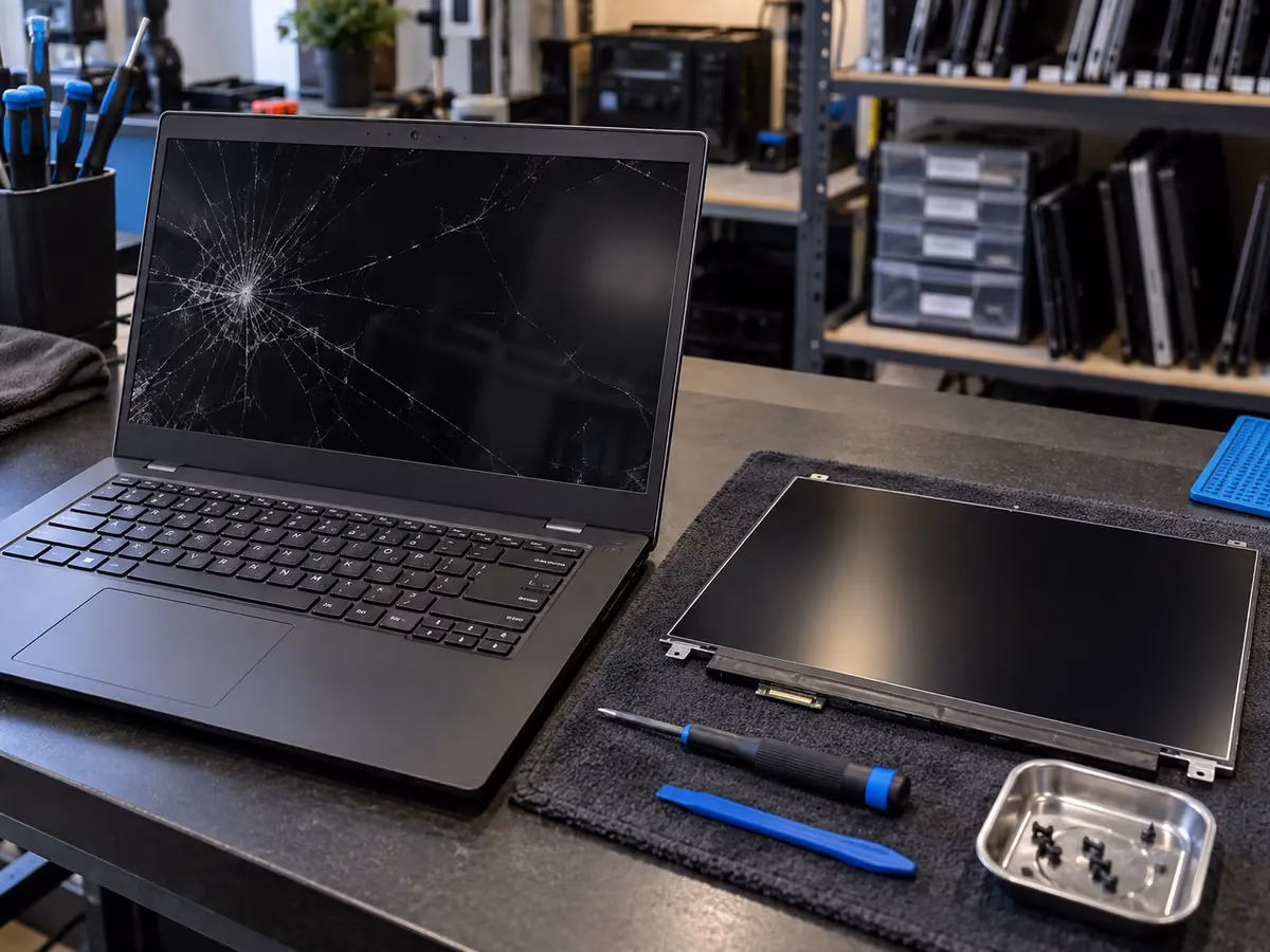 Cracked laptop screen and replacement LCD panel at repair bench