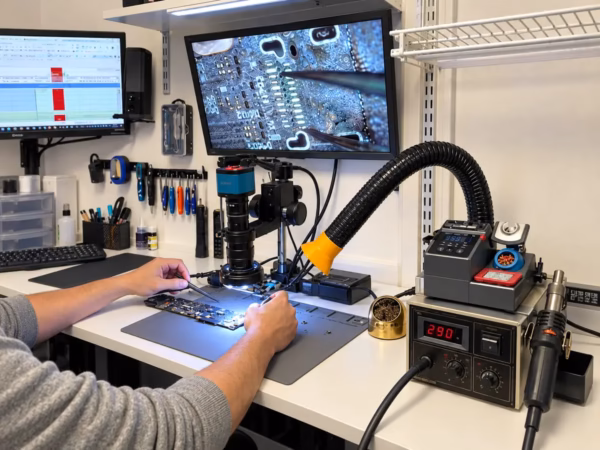 Technician performing component-level laptop motherboard repair at a professional electronics workbench.