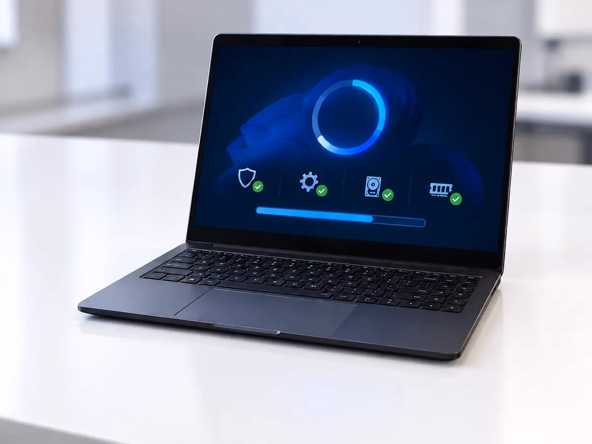 Modern Windows laptop showing a security and performance scan on a clean white desk.