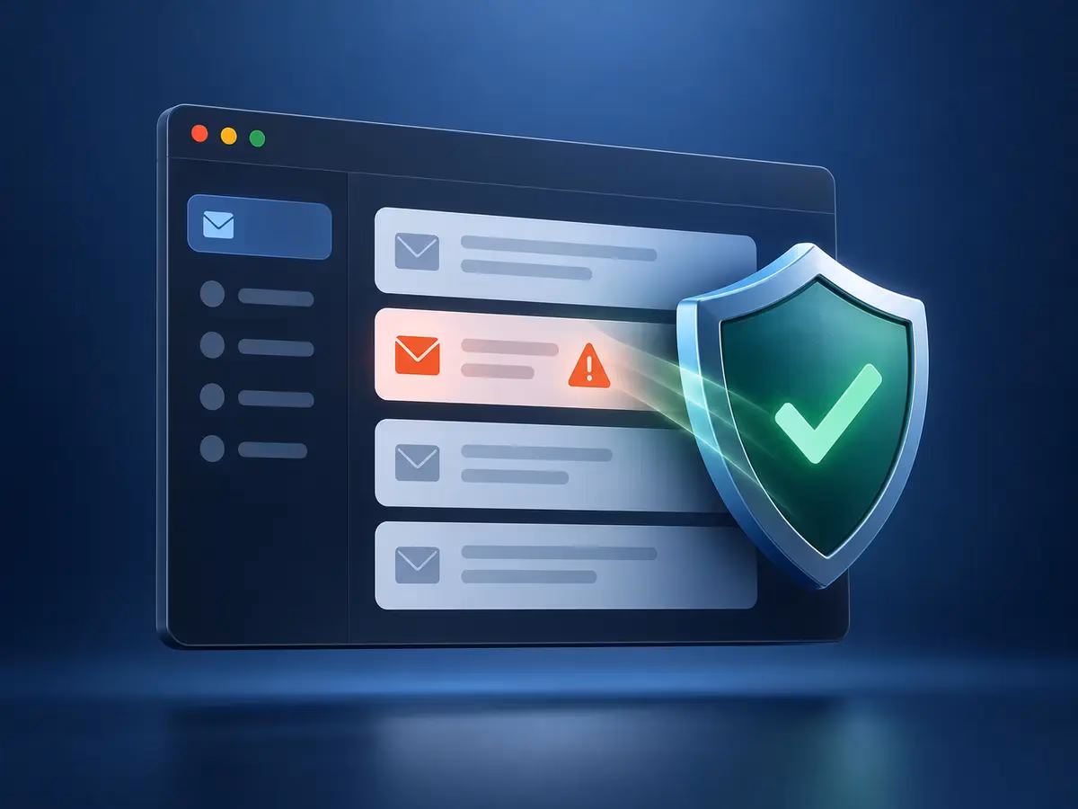 Illustration of a suspicious email alert being blocked by a security shield.