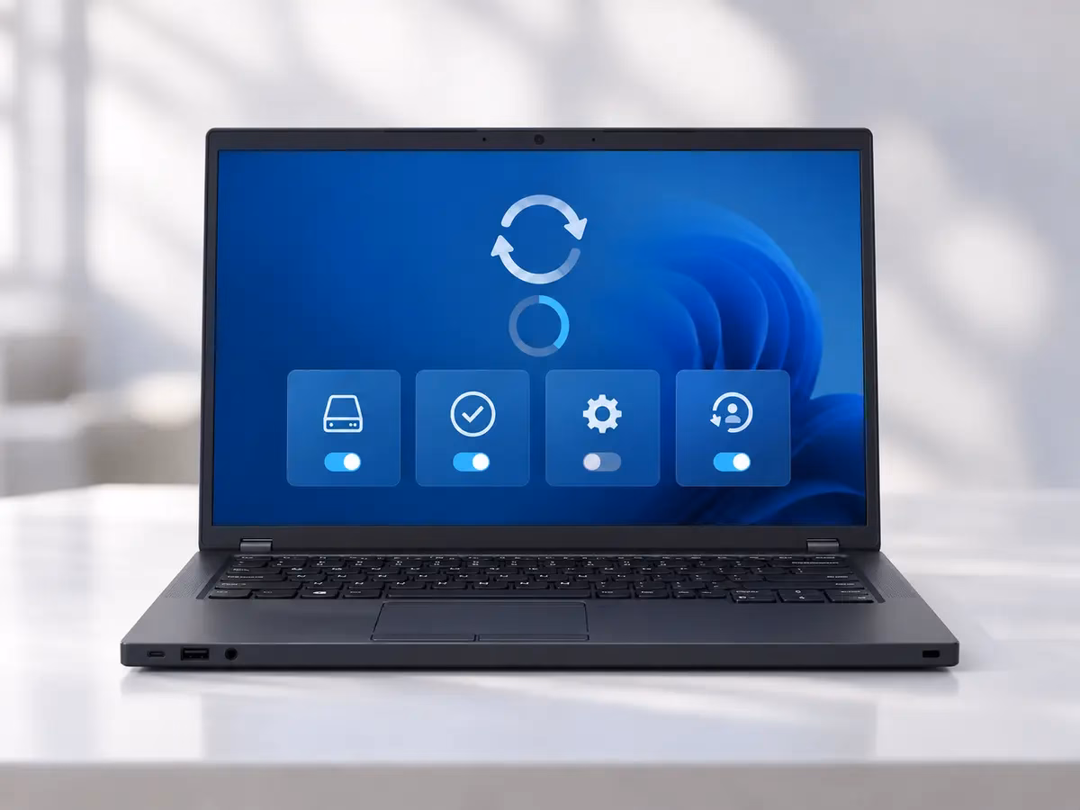 Windows business laptop showing a recovery and troubleshooting interface on a clean white desk.