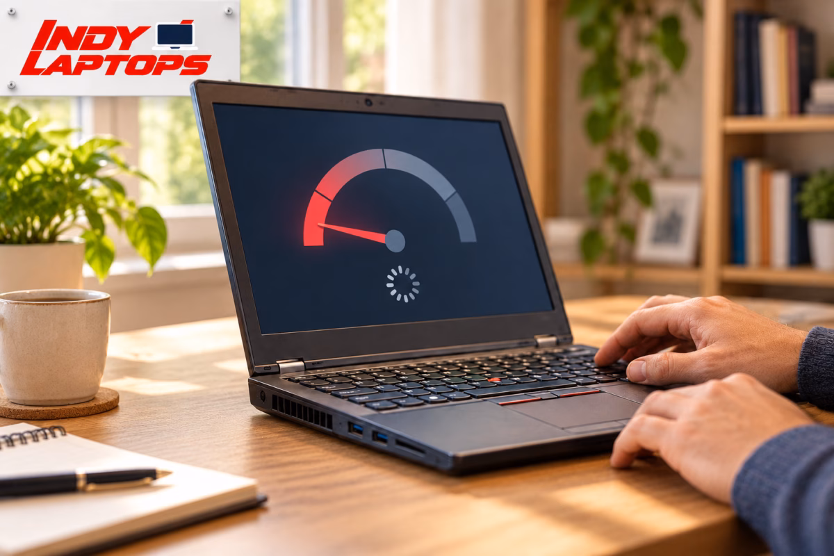Person using an older laptop at home; the screen shows a low performance gauge and loading spinner.