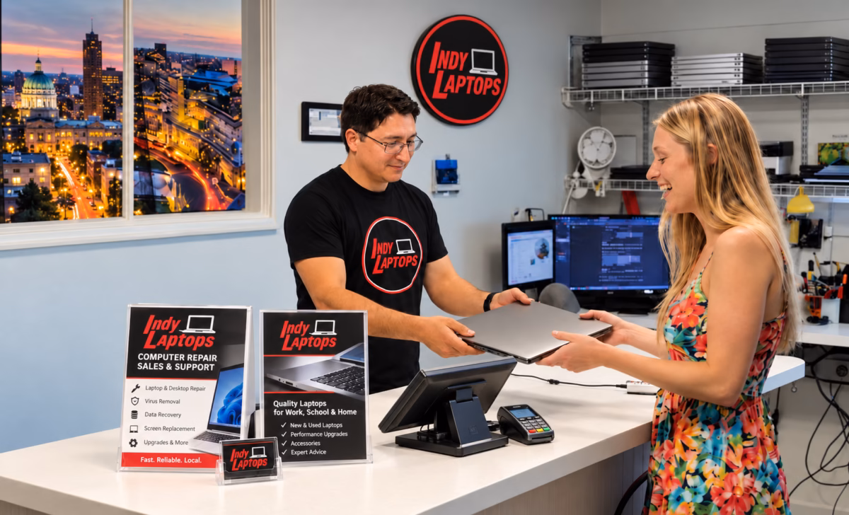 Indy Laptops technician handing a laptop to a customer at our modern walk-in computer repair counter serving Carmel, IN.