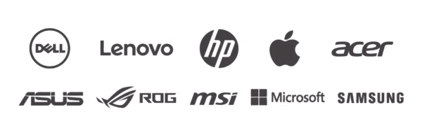 Grayscale logos for computers serviced by Indy Laptops.