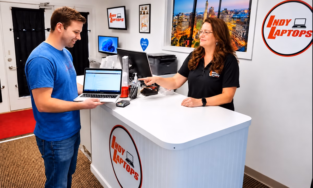 Customer receiving laptop help at the Indy Laptops repair shop near Indianapolis and Carmel